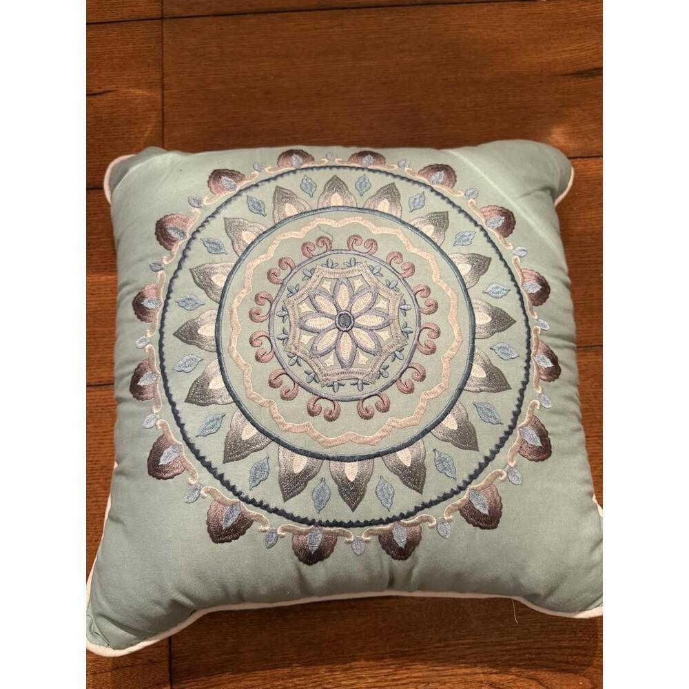 16” Decorative Throw Pillow Embroidered Teal White Gray